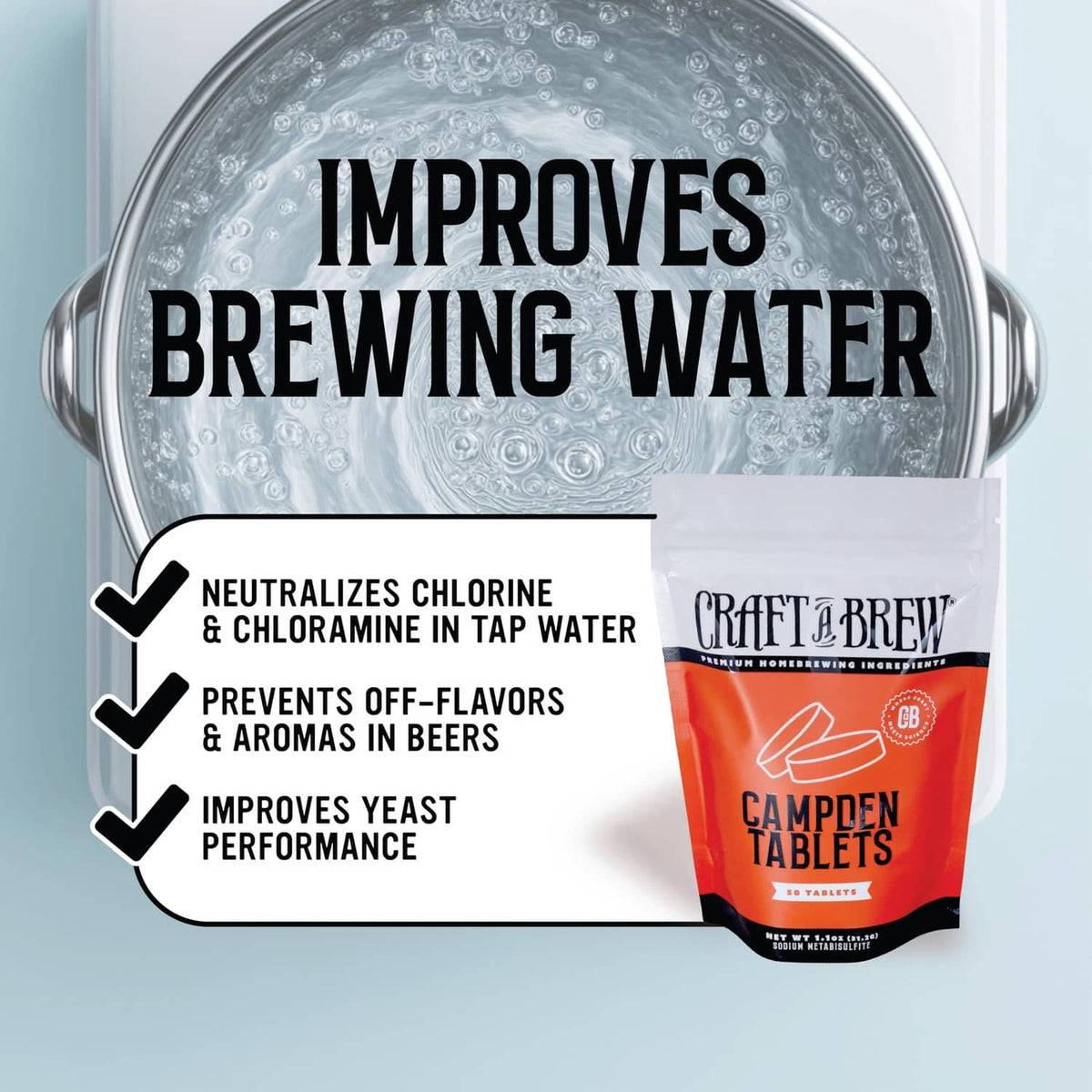 Campden Tablets pouch with icons for improving brewing water