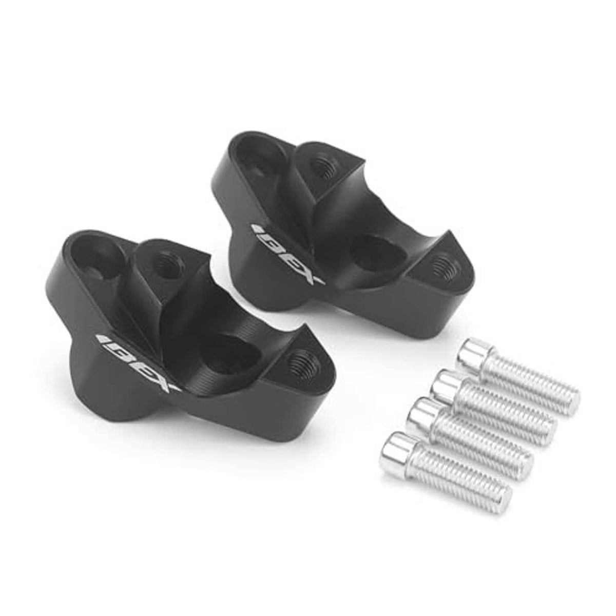 Black handlebar risers with clamp holes and IBEX logo; includes silver mounting bolts