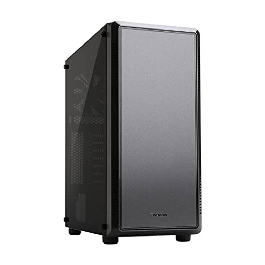 Black ATX mid-tower gaming PC case with tinted acrylic side panel and front airflow