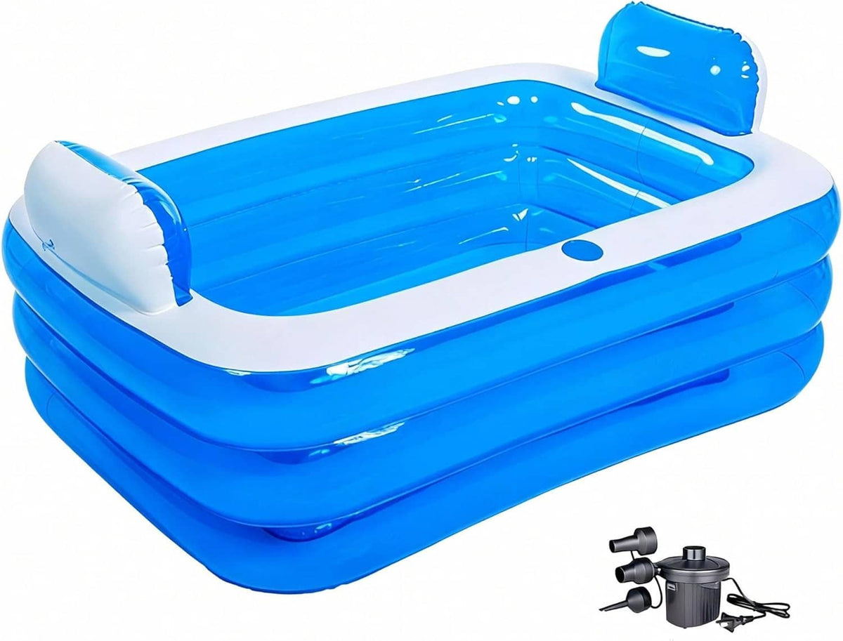 Blue inflatable 2-person bathtub with built-in headrest and electric air pump