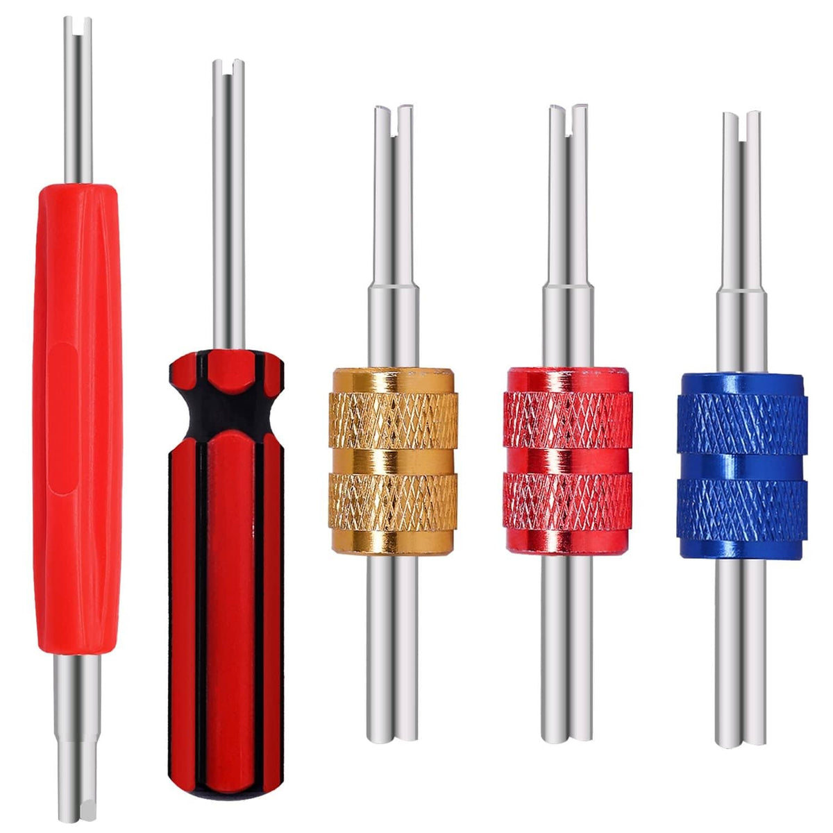 Tire valve stem core remover tool kit with red handle and multiple metal tips in red, blue, gold