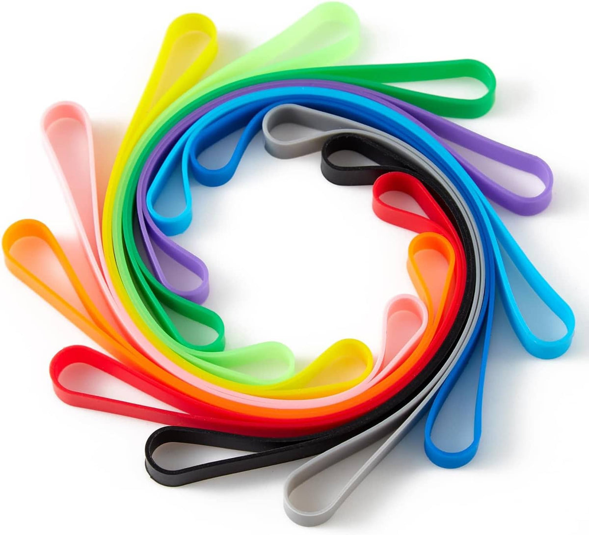 Color-coordinated silicone planner elastic bands in rainbow shades, curved loop set