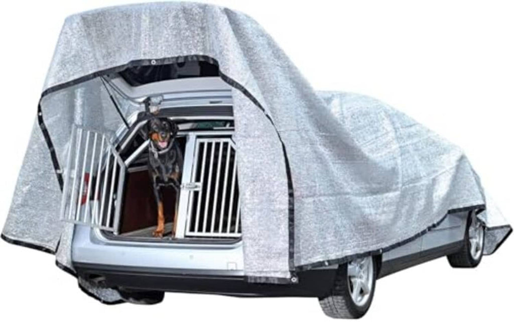 Gray car shade tarp made of aluminum shade cloth, covering the SUV front section