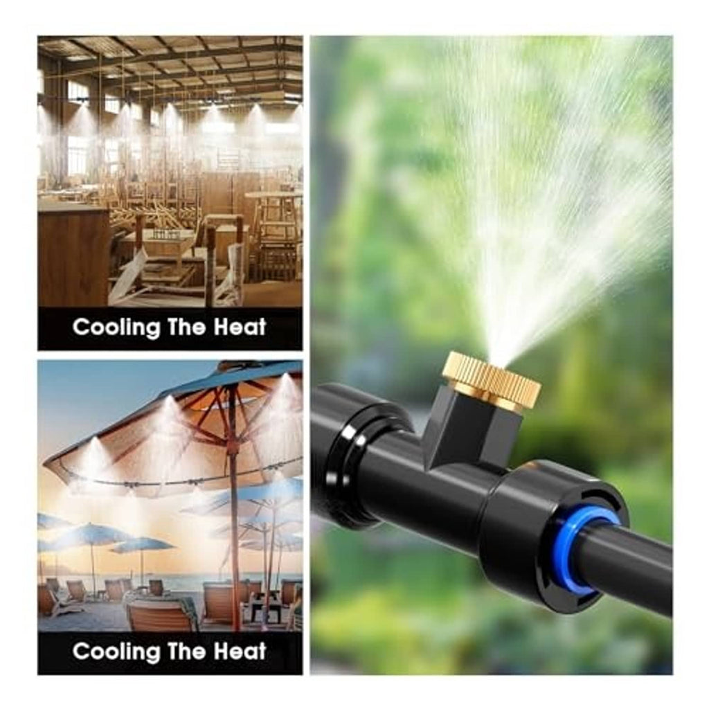 Black misting nozzle with blue O-ring style ring and brass connector spraying