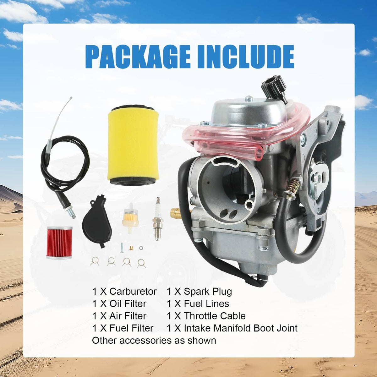 Carburetor kit with air filter, spark plug, fuel lines and intake parts