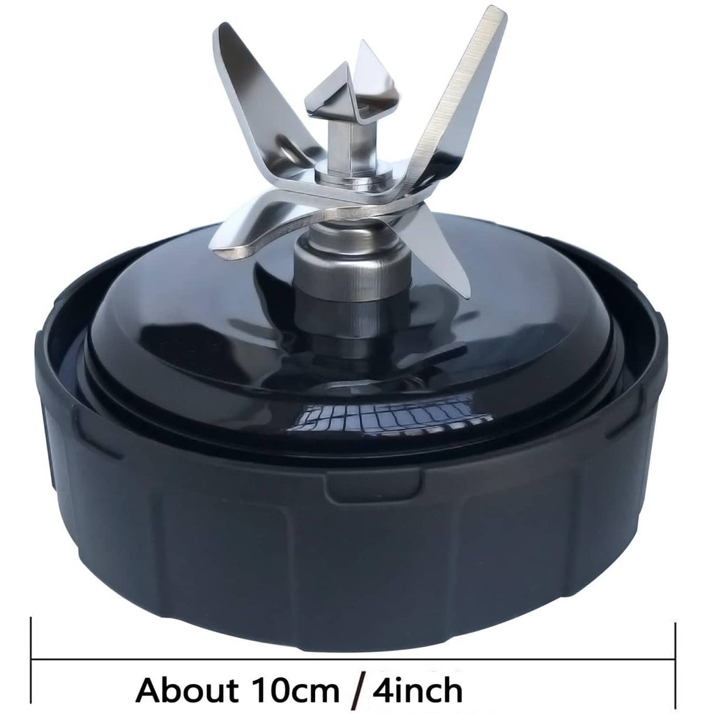 Blender cup lid with central stainless blade on dark base