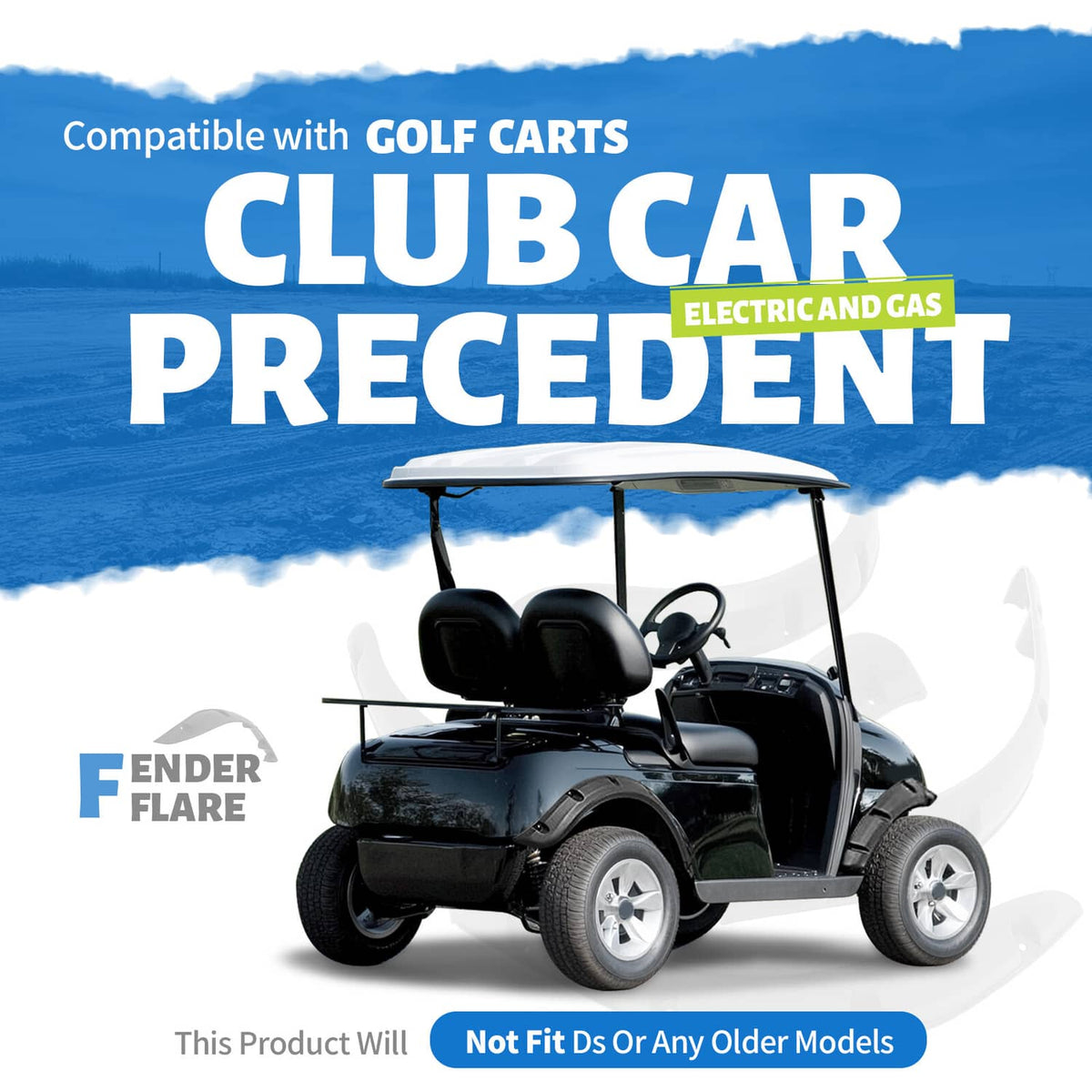 Black golf cart fender flare set for front and rear, pictured on a golf cart.