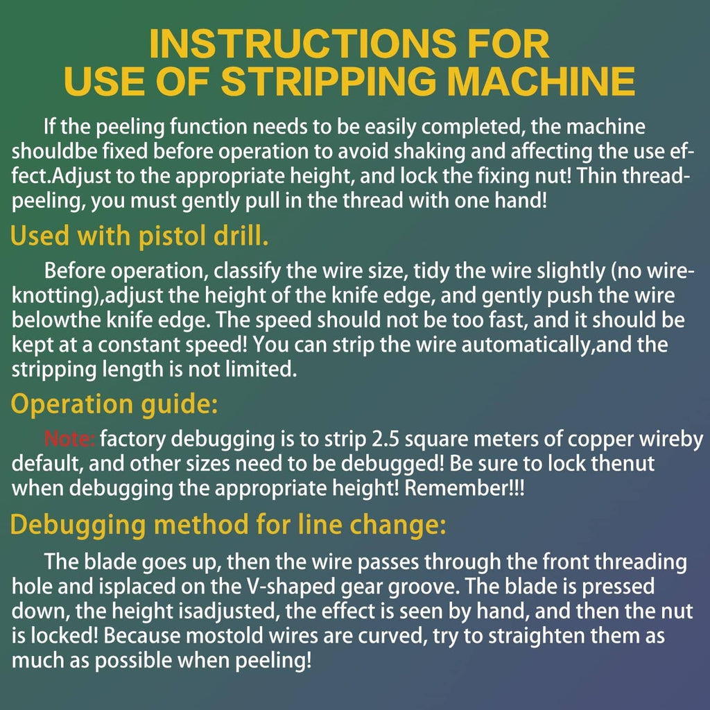 Instructions for wire stripping machine operation with guidance on wire setup and use