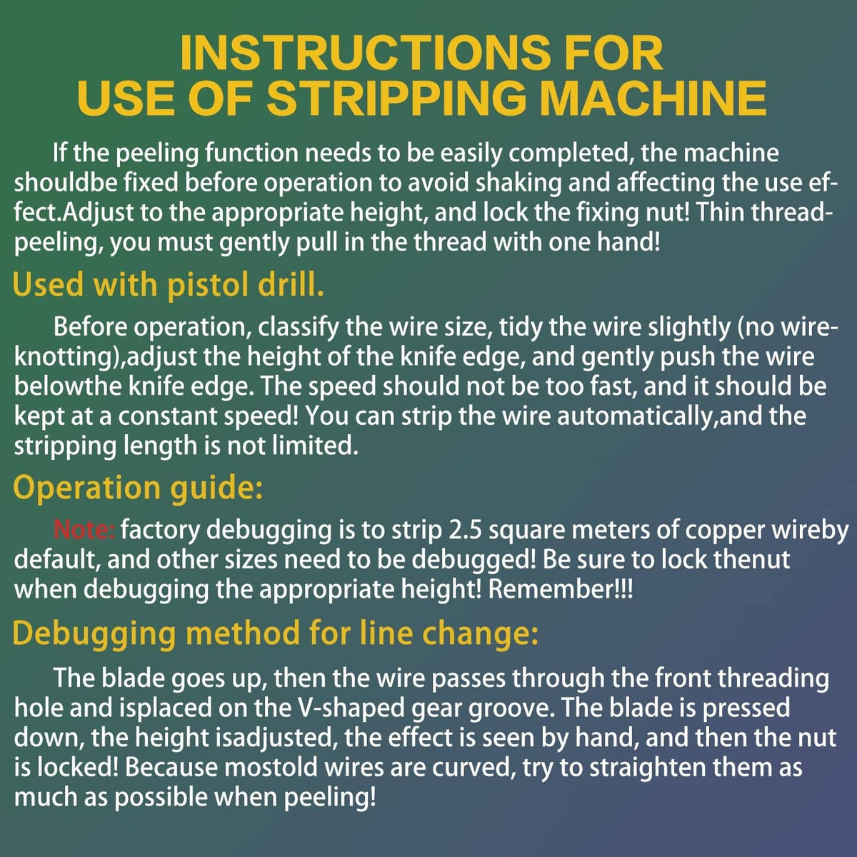 Instructions for wire stripping machine operation with guidance on wire setup and use