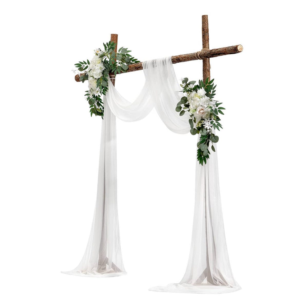 Artificial wedding arch flower kit with white sheer drapes and faux white-and-green flowers