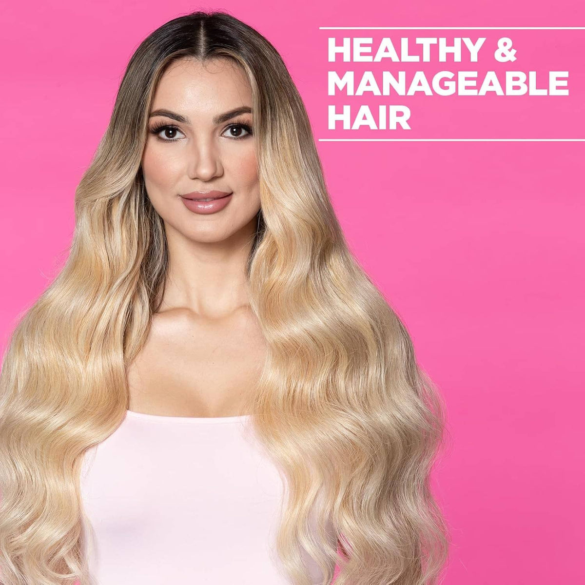 Woman with long blonde wavy hair, styled for hair conditioning results