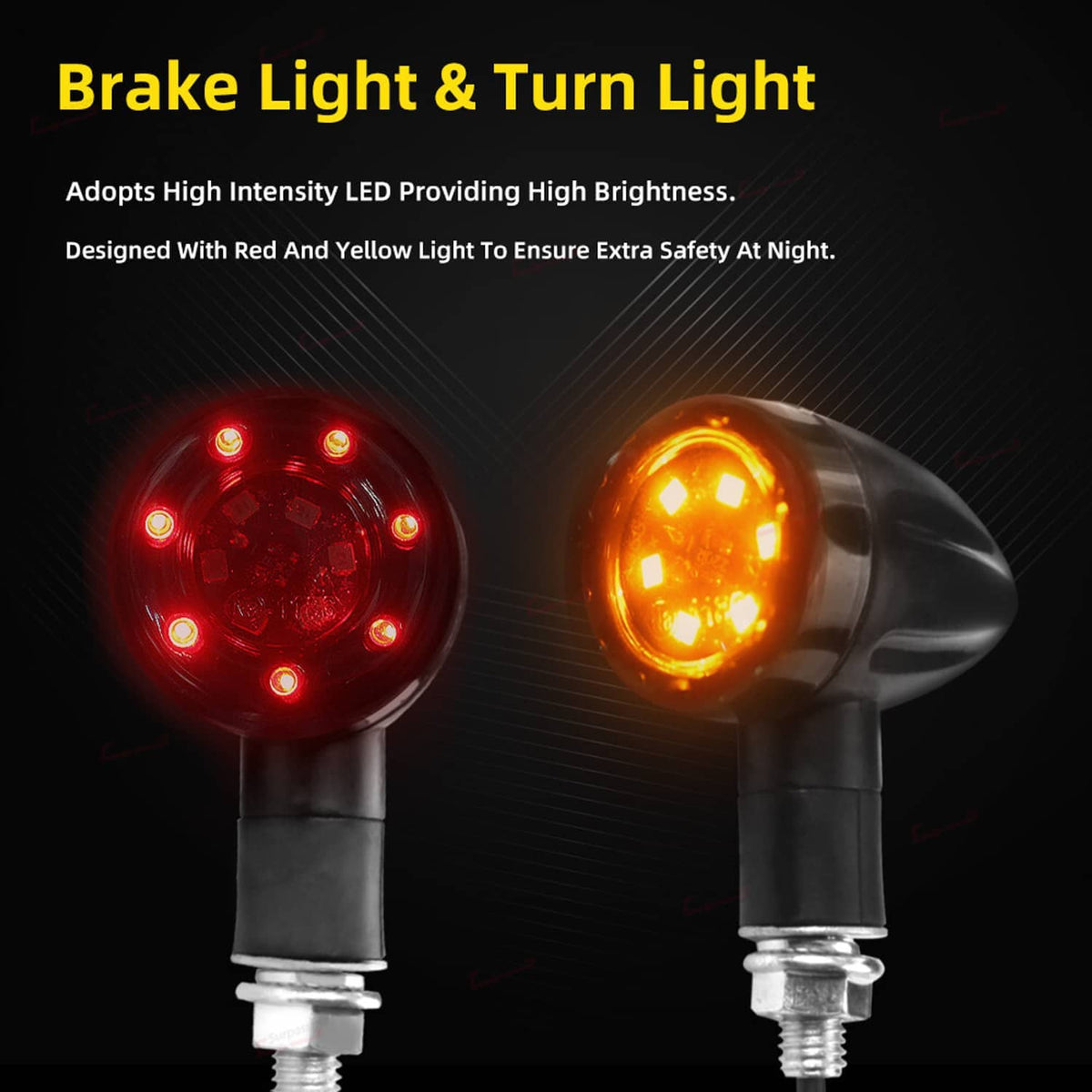 Pair of black LED motorcycle lights with red outer LEDs and amber inner lens for braking/turn