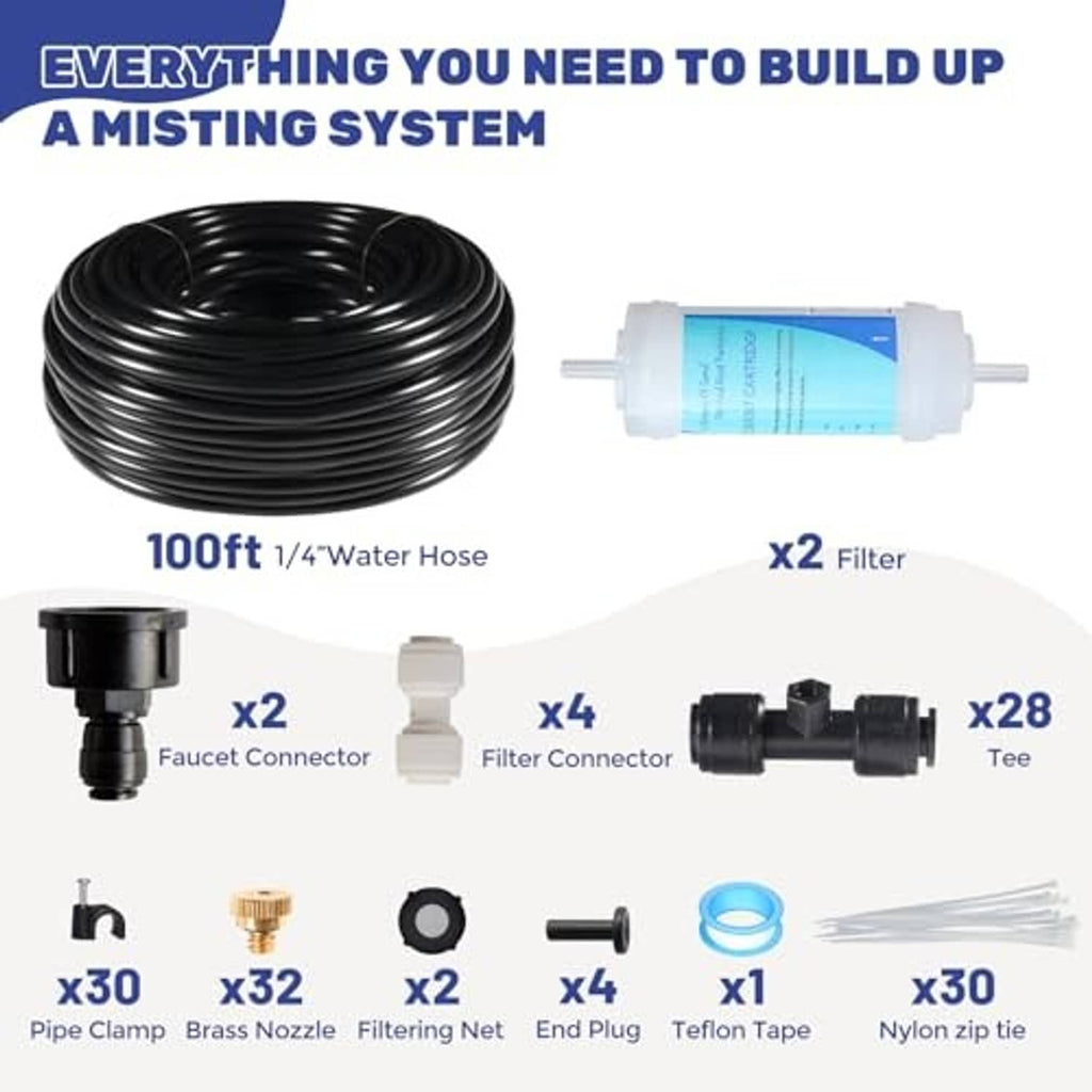 100 ft misting system kit with 1/4 hose, filter, tees, connectors, clamps, tubing