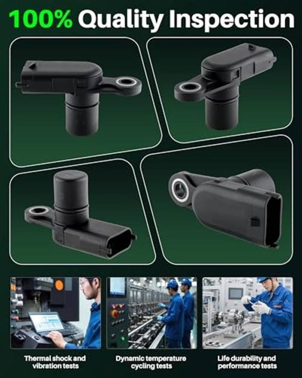 Camshaft position sensor with black plastic housing and side plug connector, multiple angles