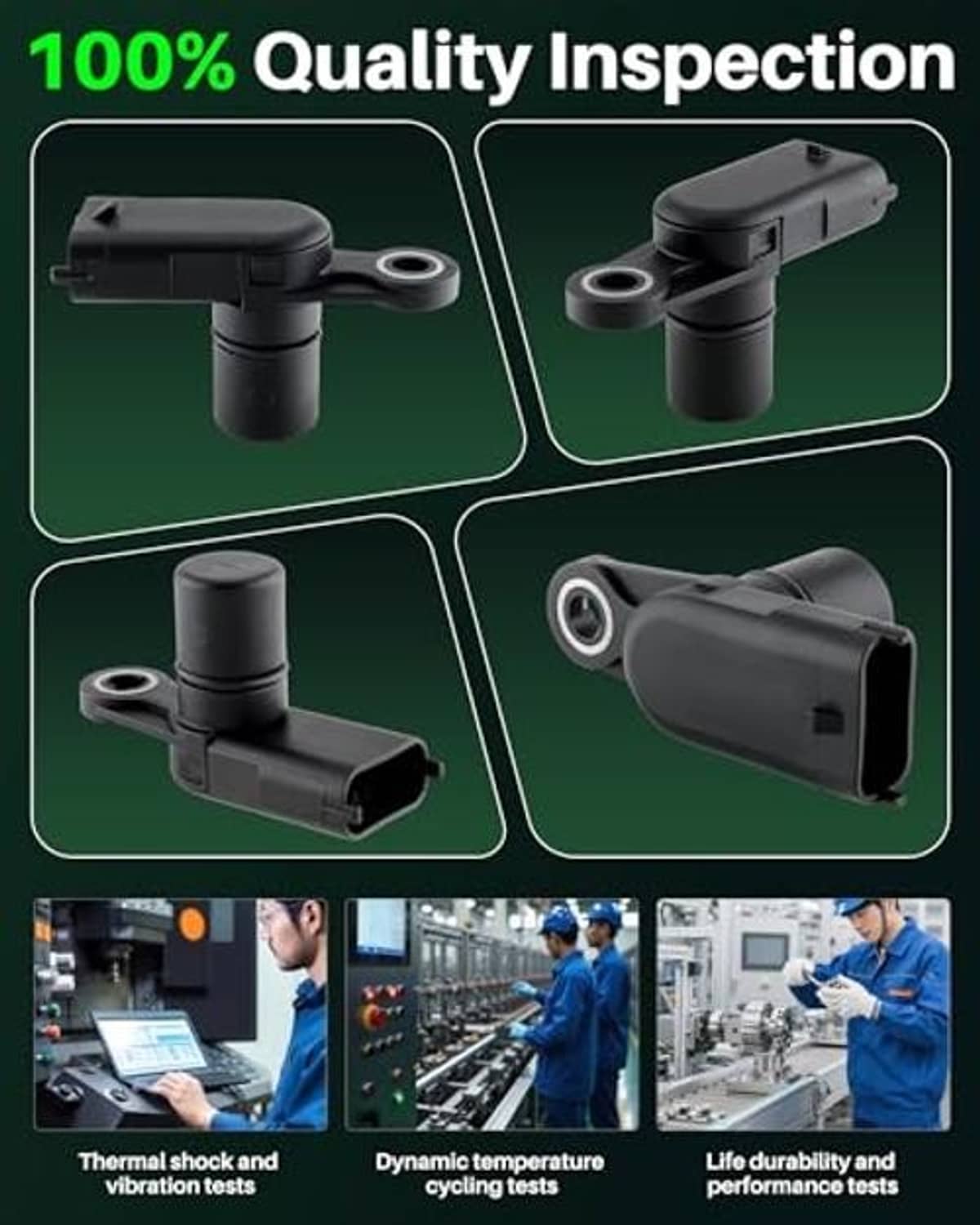 Camshaft position sensor with black plastic housing and side plug connector, multiple angles