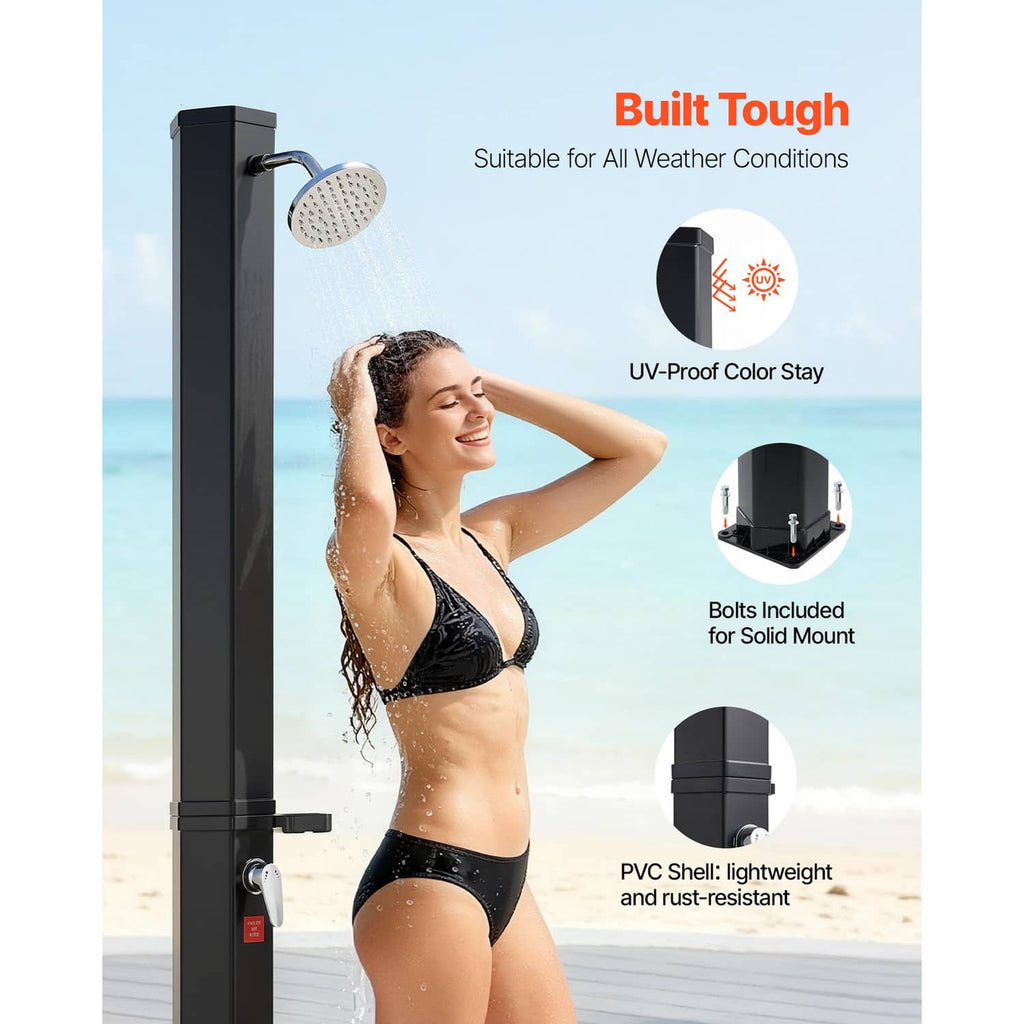 All-weather outdoor solar shower with round shower head on tall black base