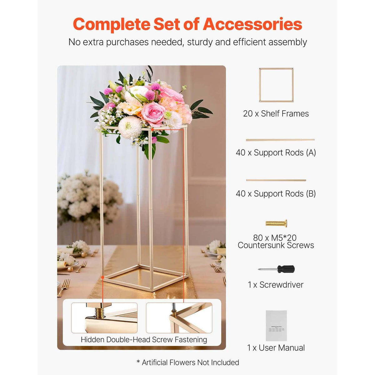 Gold flower stand set with accessories and screw fastening shown; artificial flowers not included