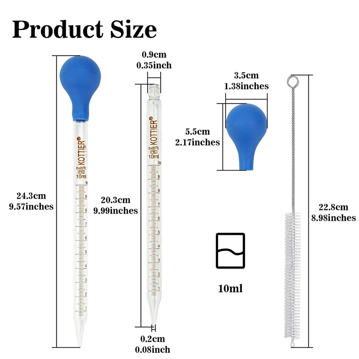 Blue glass dropper with clear 10 ml scale and rubber bulb, plus wire pipette cleaner