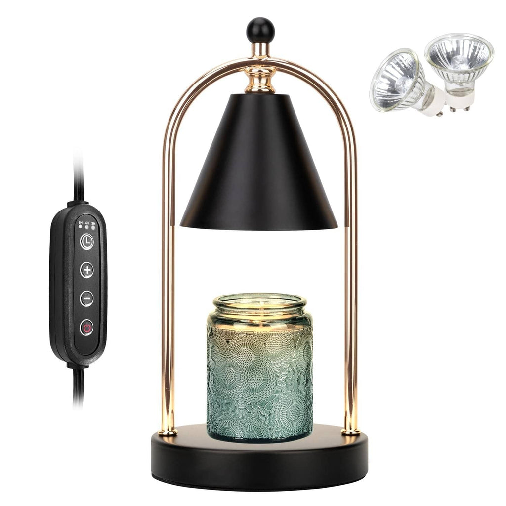 Electric candle warmer lamp with black shade, arched metal frame, teal jar, and remote