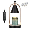 Electric candle warmer lamp with black shade, arched metal frame, teal jar, and remote