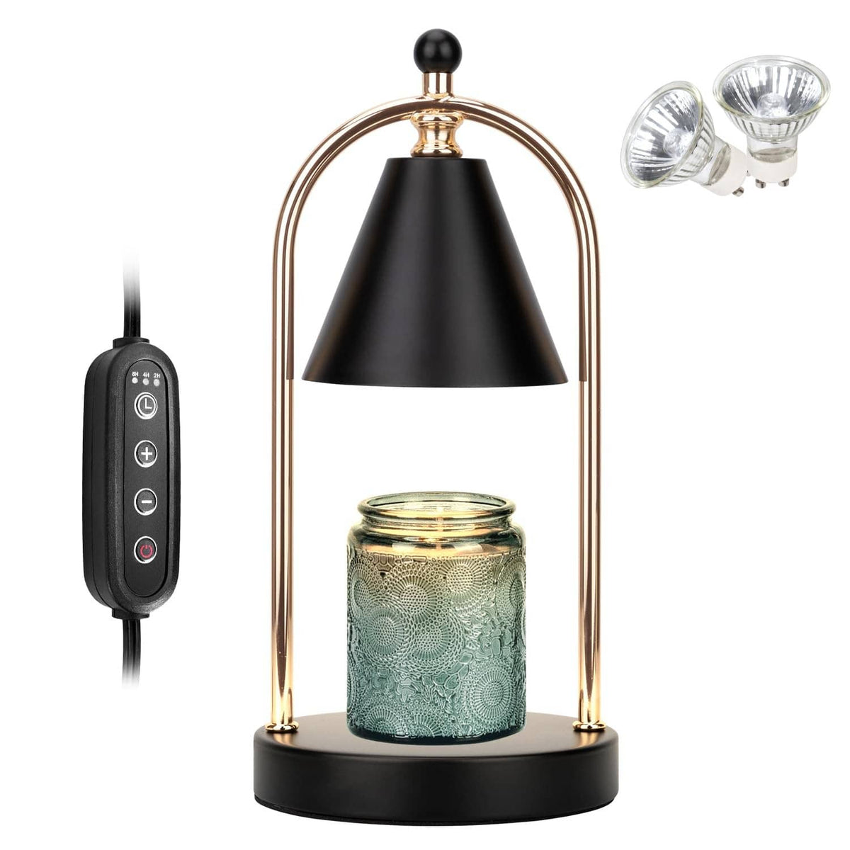 Electric candle warmer lamp with black shade, arched metal frame, teal jar, and remote
