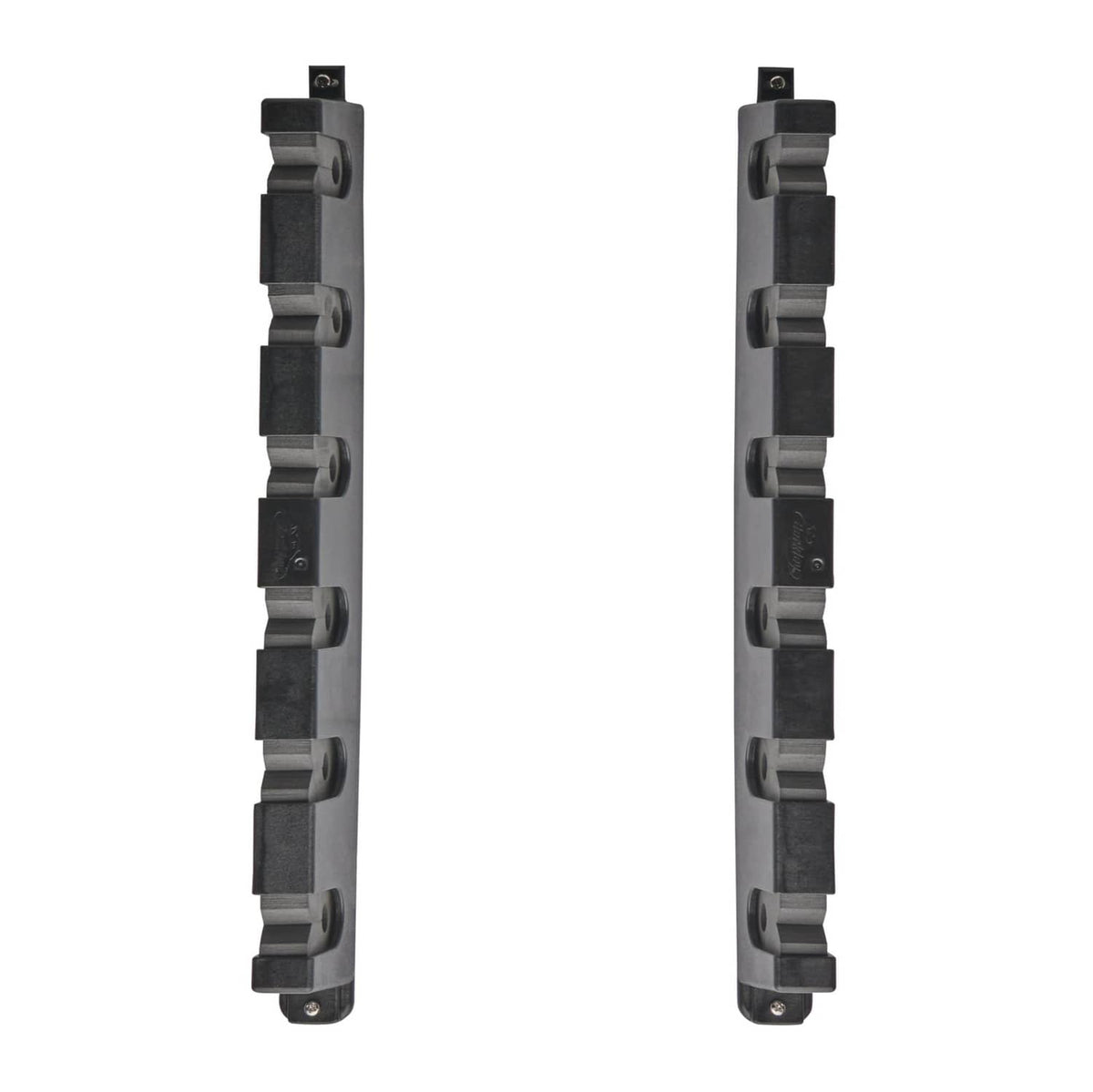 Pair of black rod rack bars with multiple foam slots for resting rods