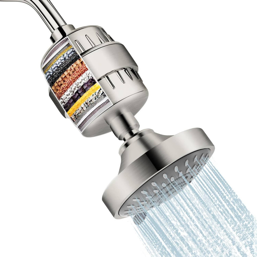 Shower head with filter cartridge, brushed nickel metal body and round spray face