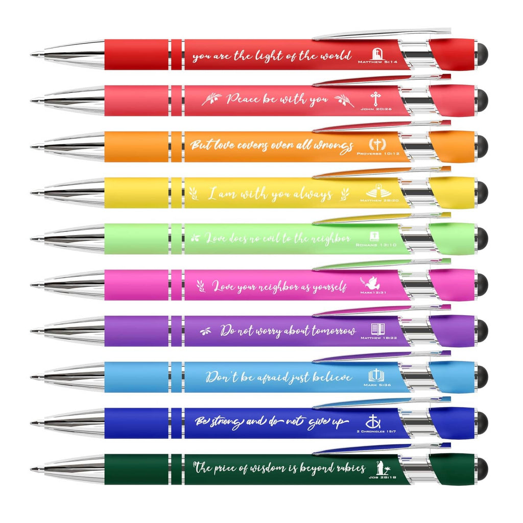 Bible verse stylus pen set, assorted colors with metal tip and clip