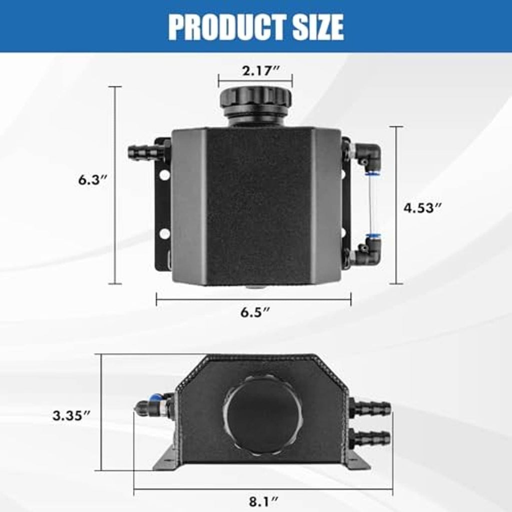 Black rectangular coolant overflow tank, front view with top cap and side ports