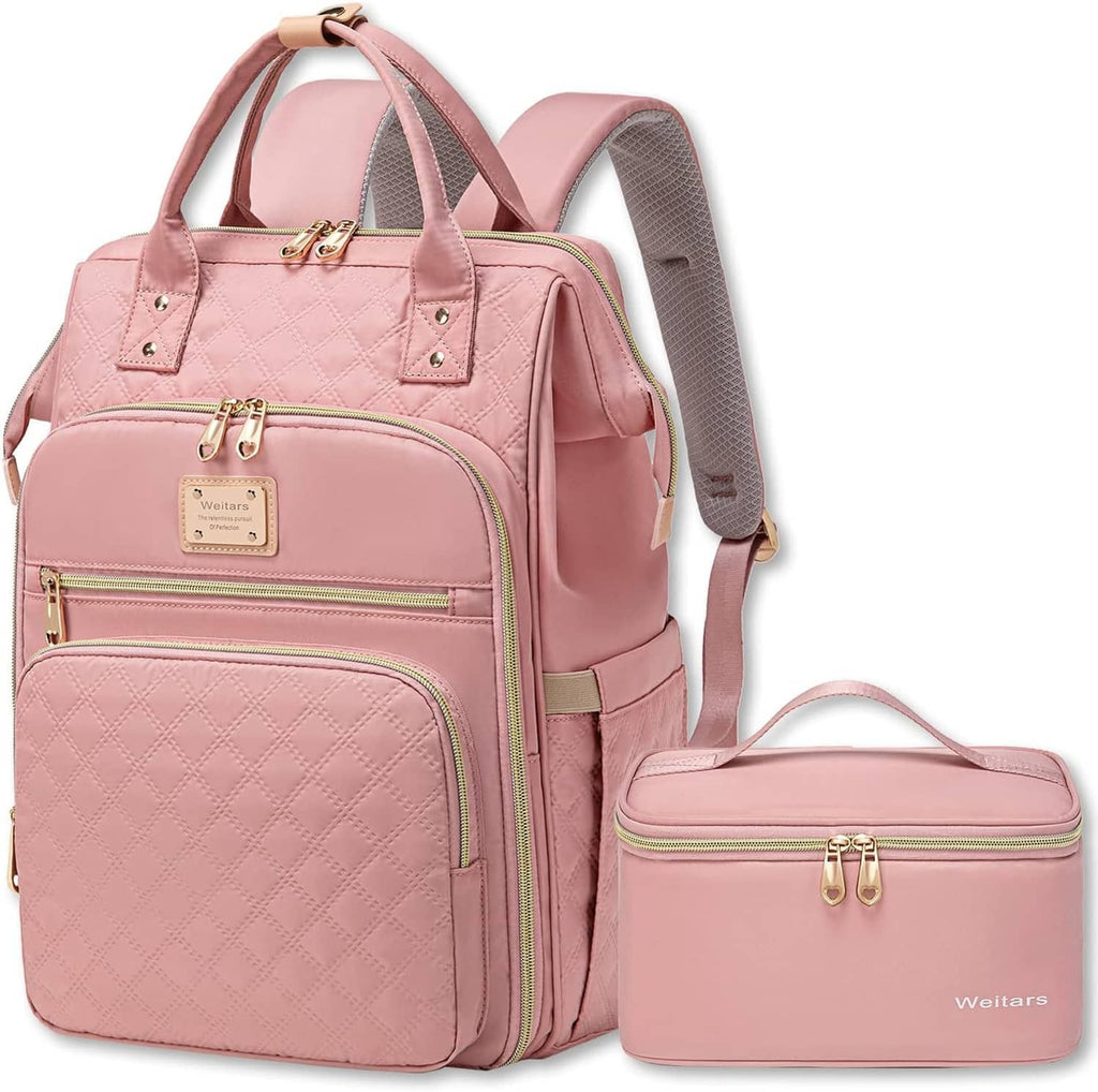 Pink women’s lunch backpack with front zipper pocket and matching insulated lunch bag