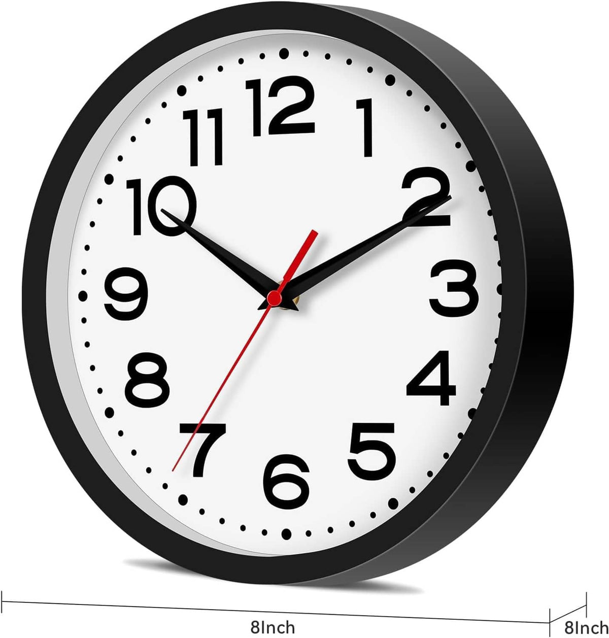 Black wall clock with white dial, dotted minute marks, red second hand; 8-inch