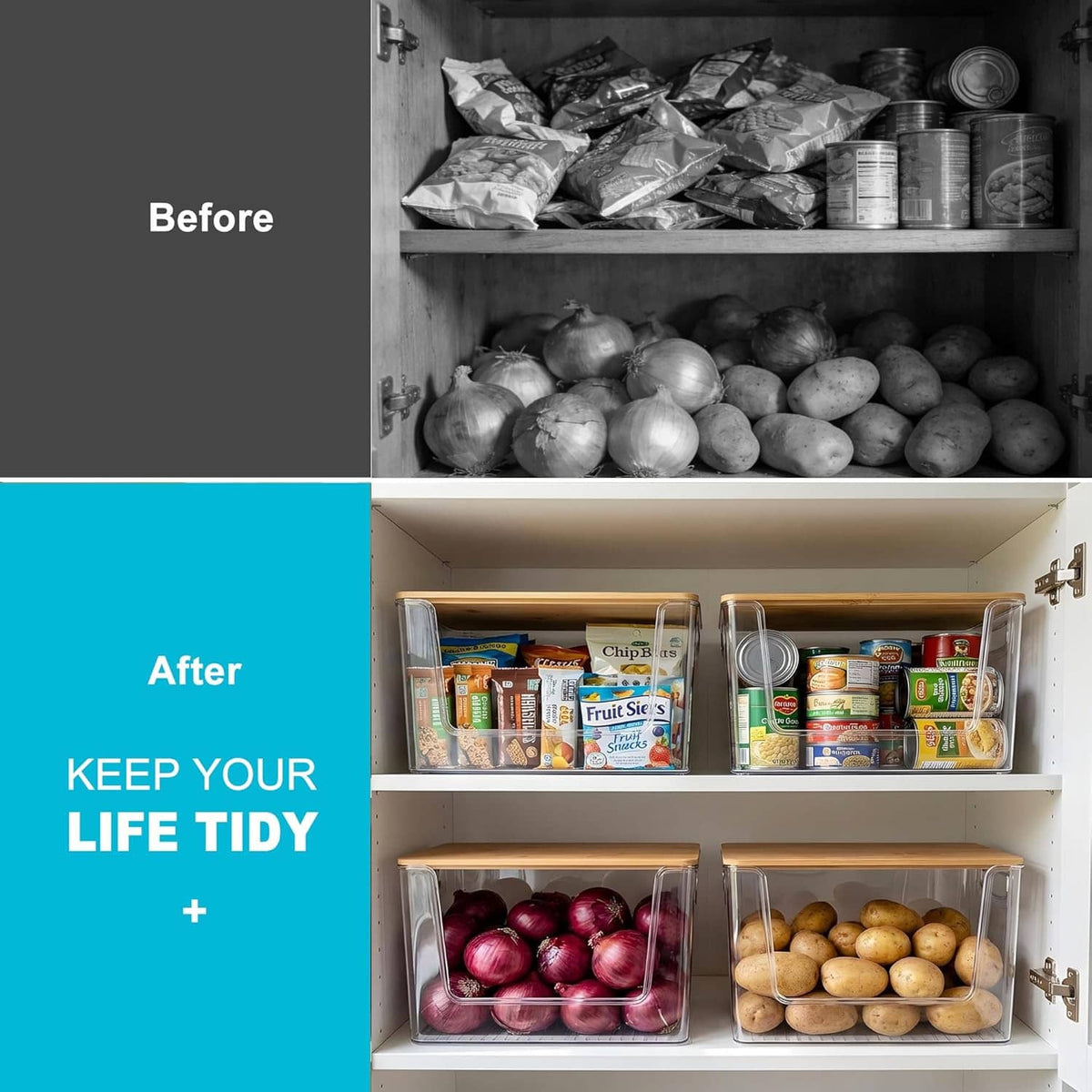 Two clear pantry organizer bins with bamboo lids, holding neatly arranged food on shelf