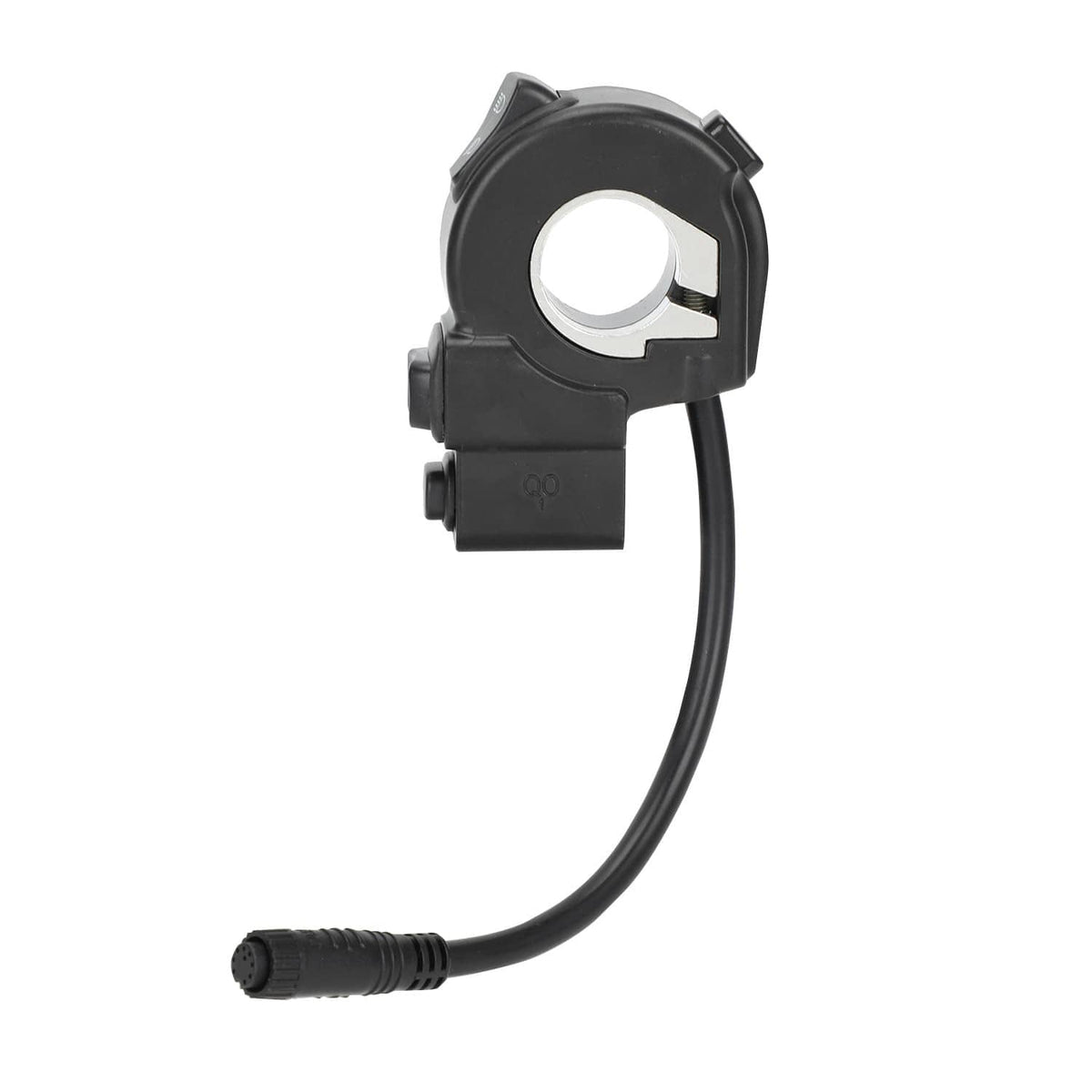 Black switch mounting clamp with circular opening and attached wiring harness