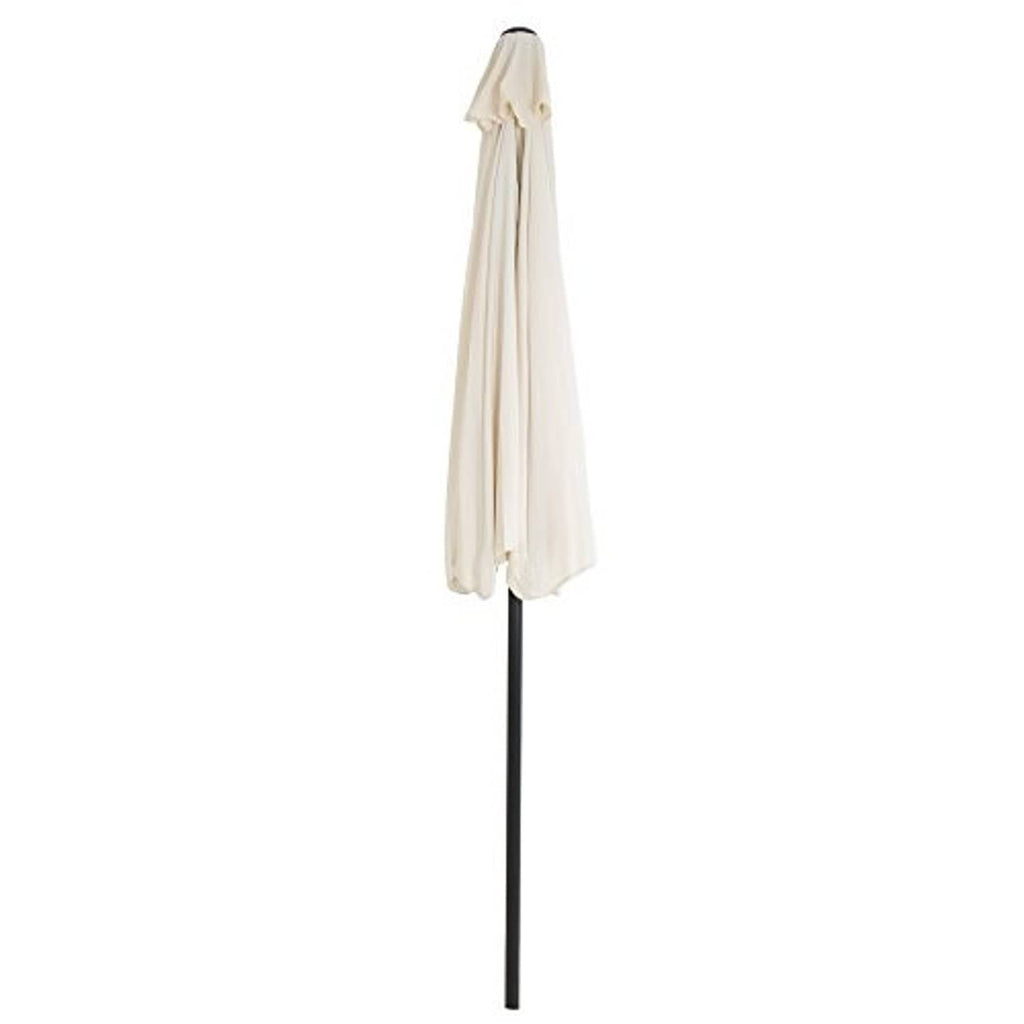 Tan half-round patio umbrella fabric cover hanging from black pole