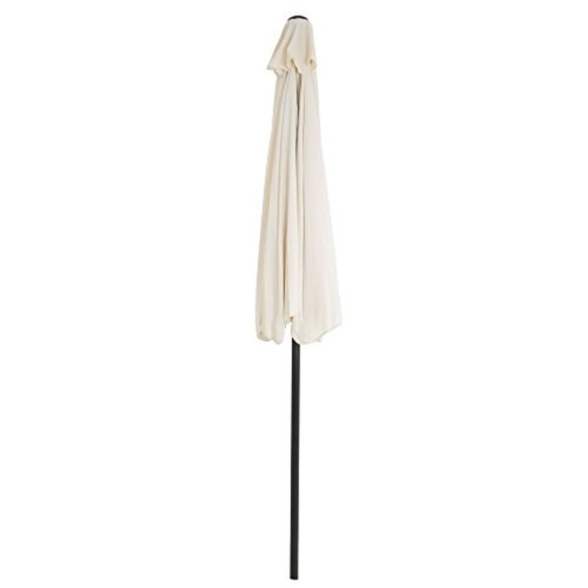 Tan half-round patio umbrella fabric cover hanging from black pole