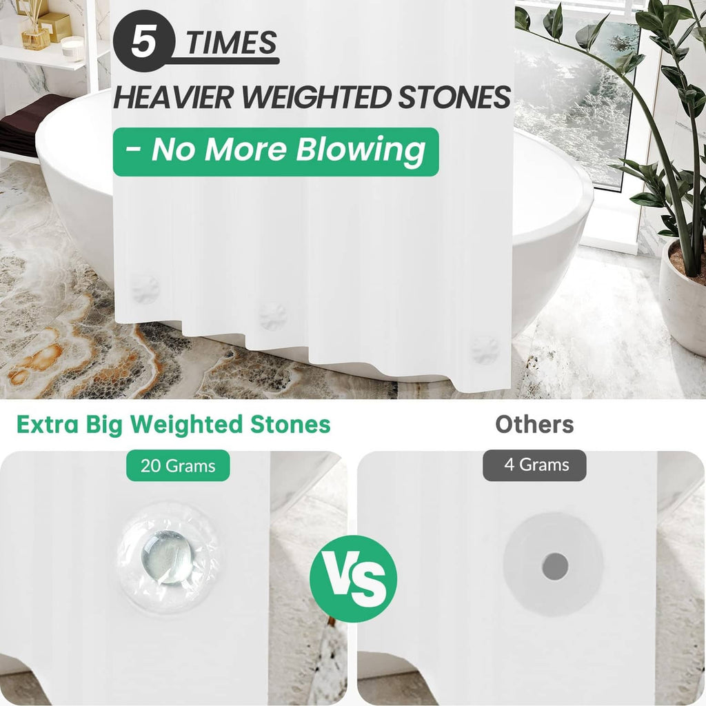 White shower curtain liner with heavy weighted bottom hem for staying in place