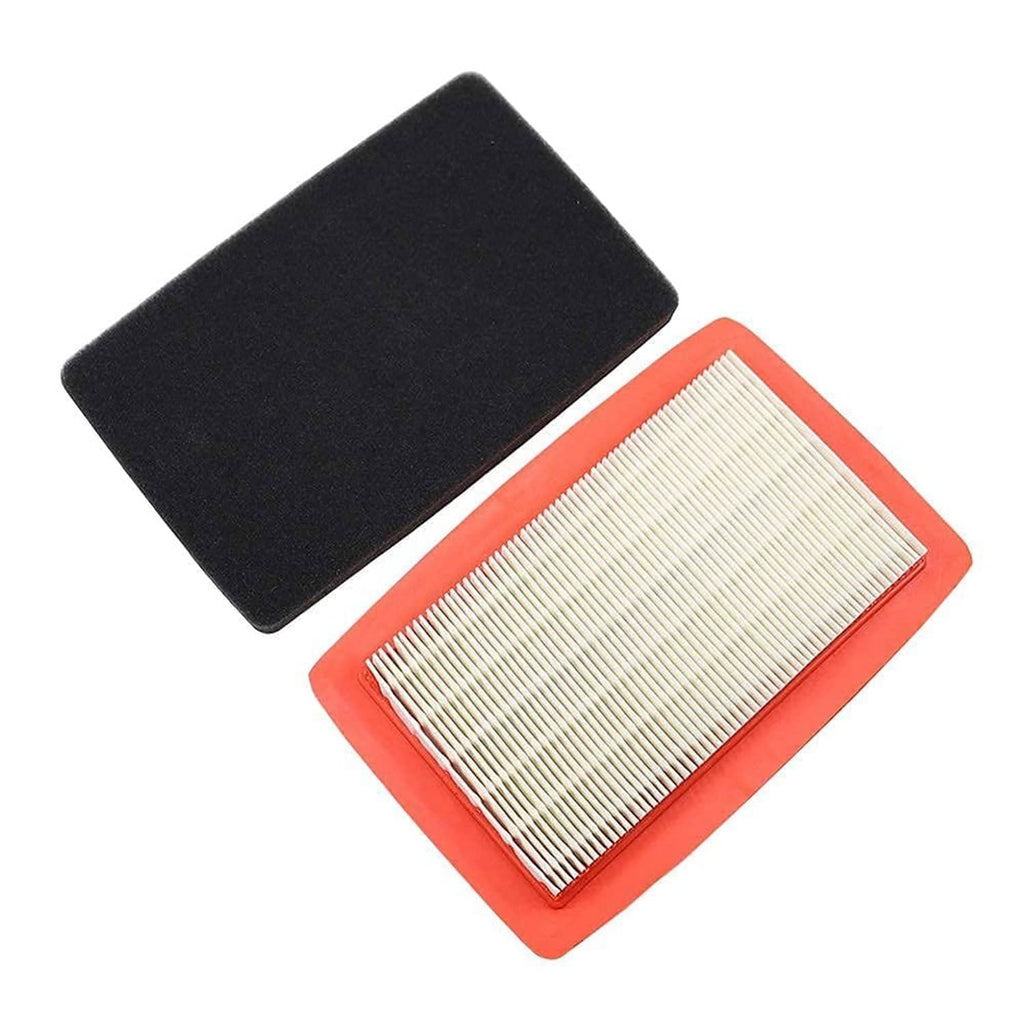 Air filter set components: black foam pad and red-framed pleated filter