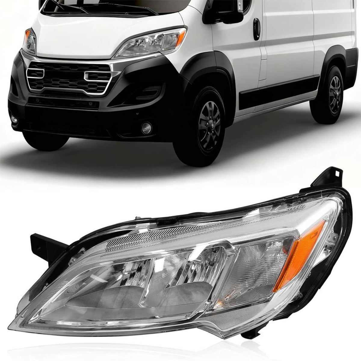 Halogen headlight assembly with clear lens, amber turn signal, and black housing