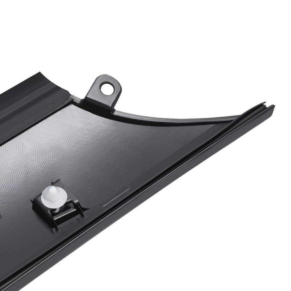 Windshield pillar trim molding with textured insert and side clip mounting point