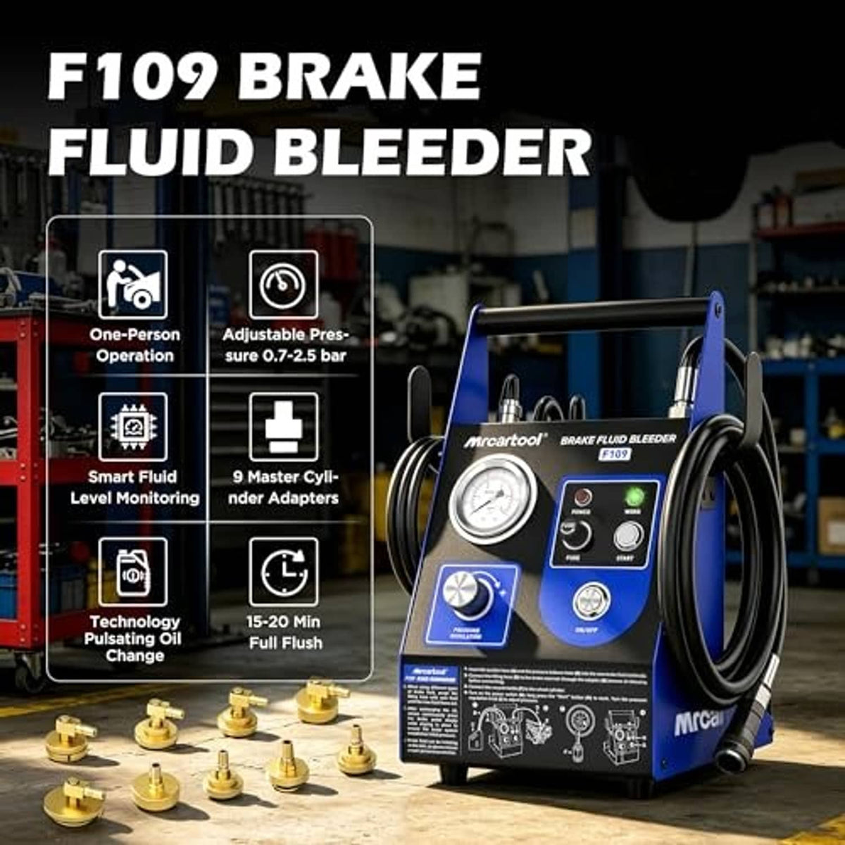 Blue electric brake fluid bleeder with pressure gauge and connected hoses