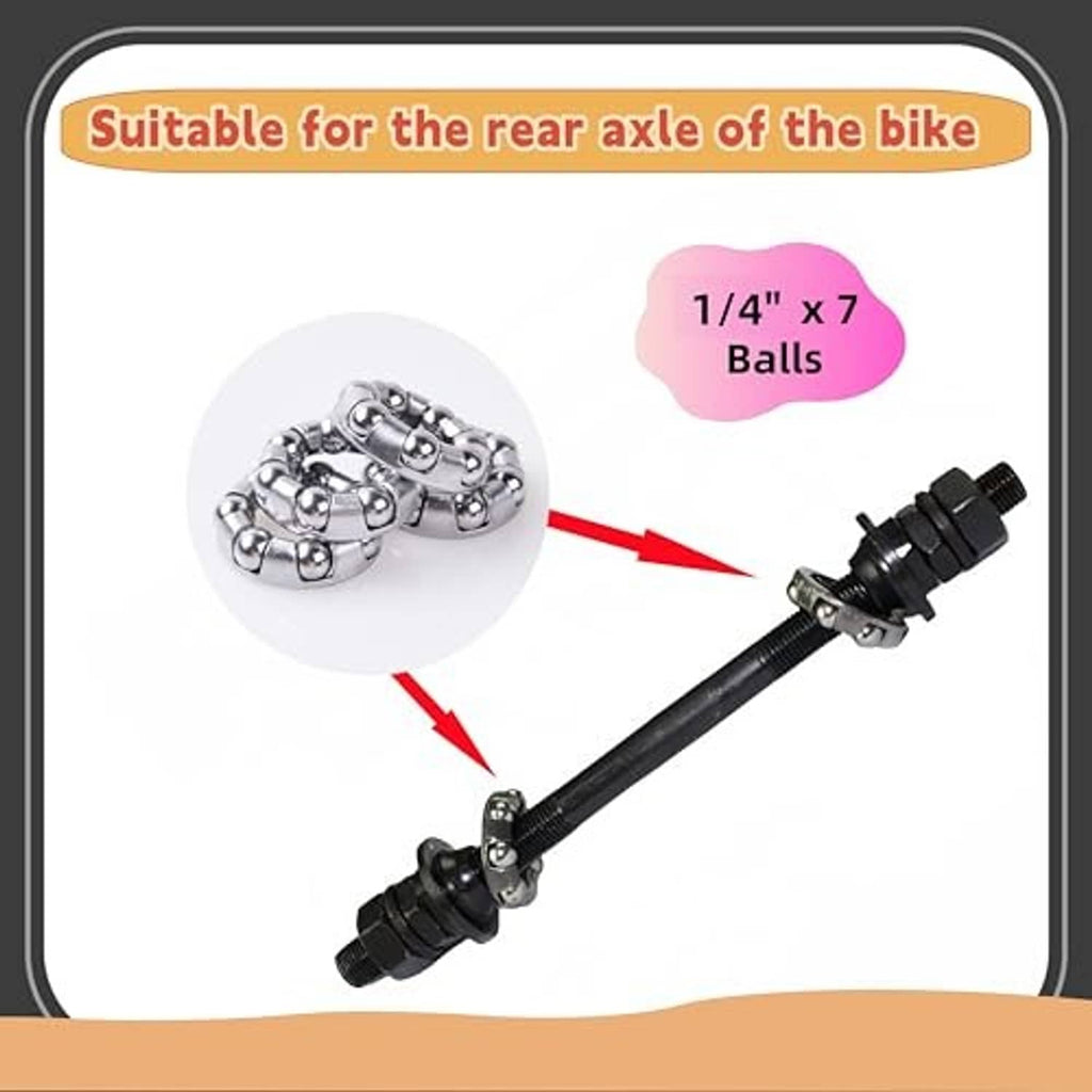 Bicycle hub ball bearing set shown on a rear axle shaft, silver metal rings