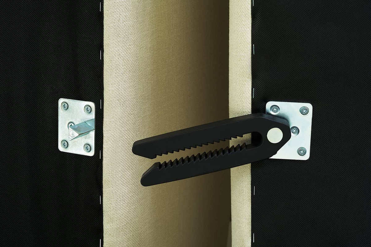 Black serrated sofa connector clamp mounted to metal plates on side panel