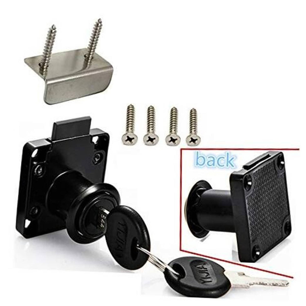 Black drawer lock with two keys and mounting screws