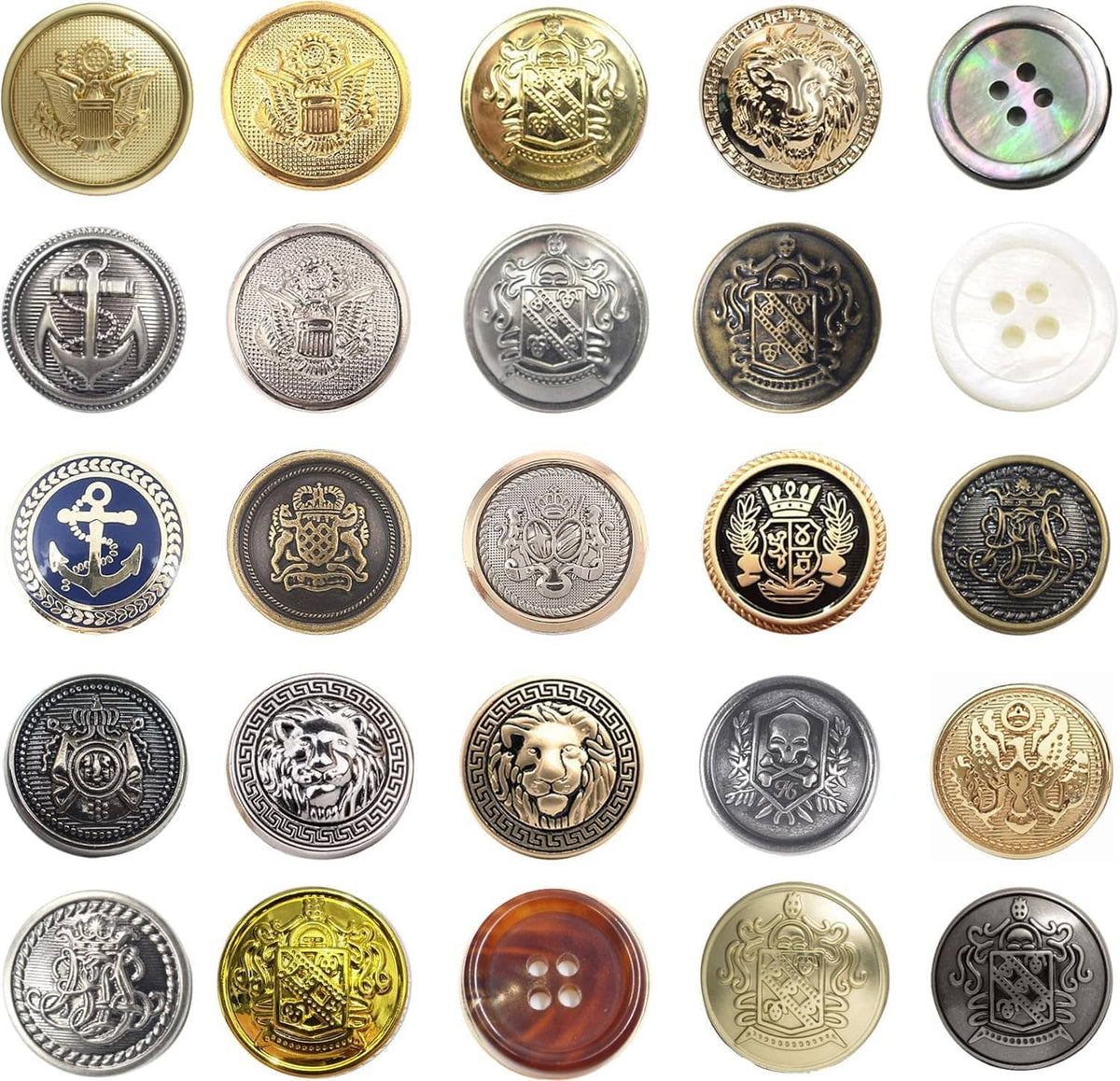 Assorted round metal blazer buttons in gold, silver, bronze, black, and white finishes