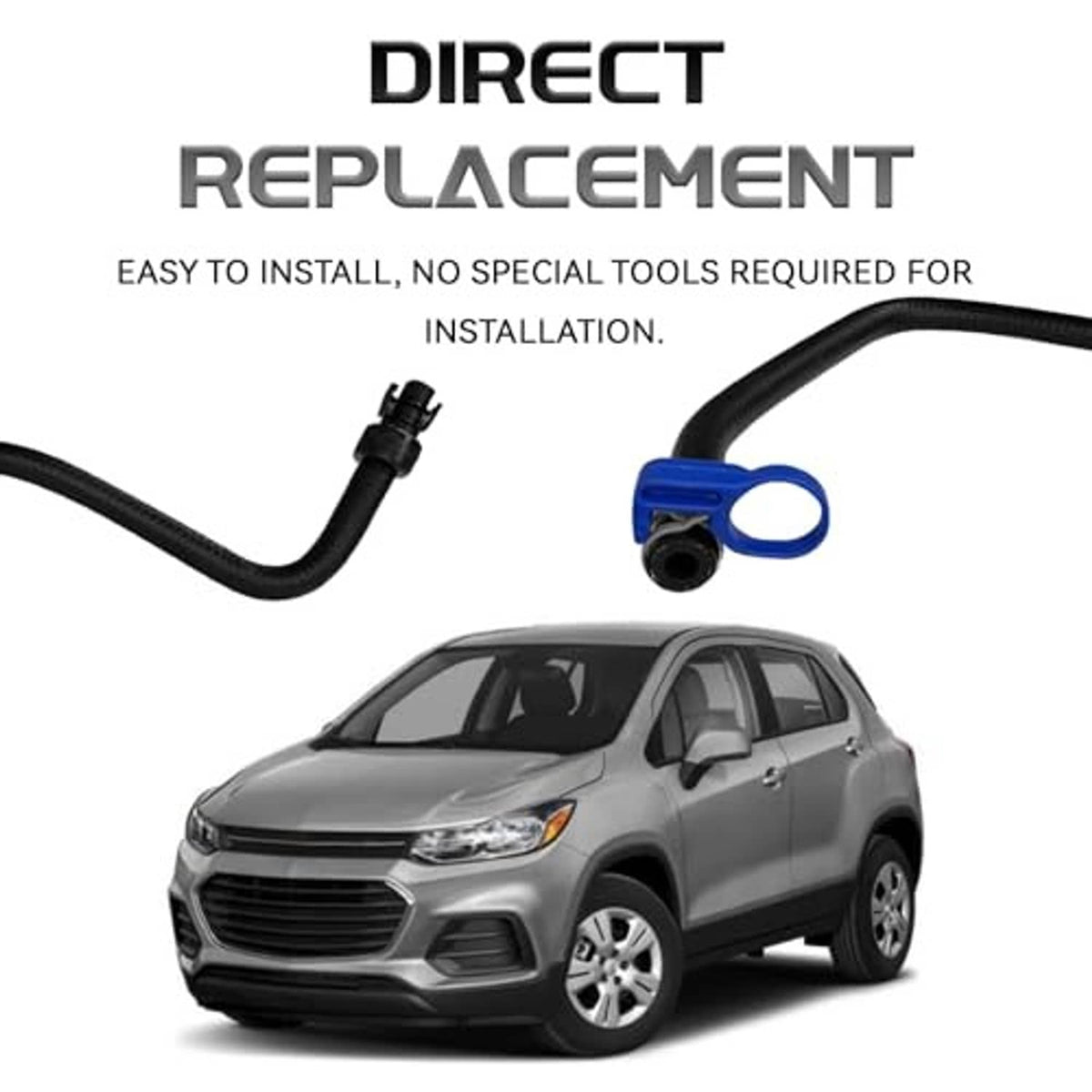 Direct replacement coolant hose with black rubber line and blue connector ring