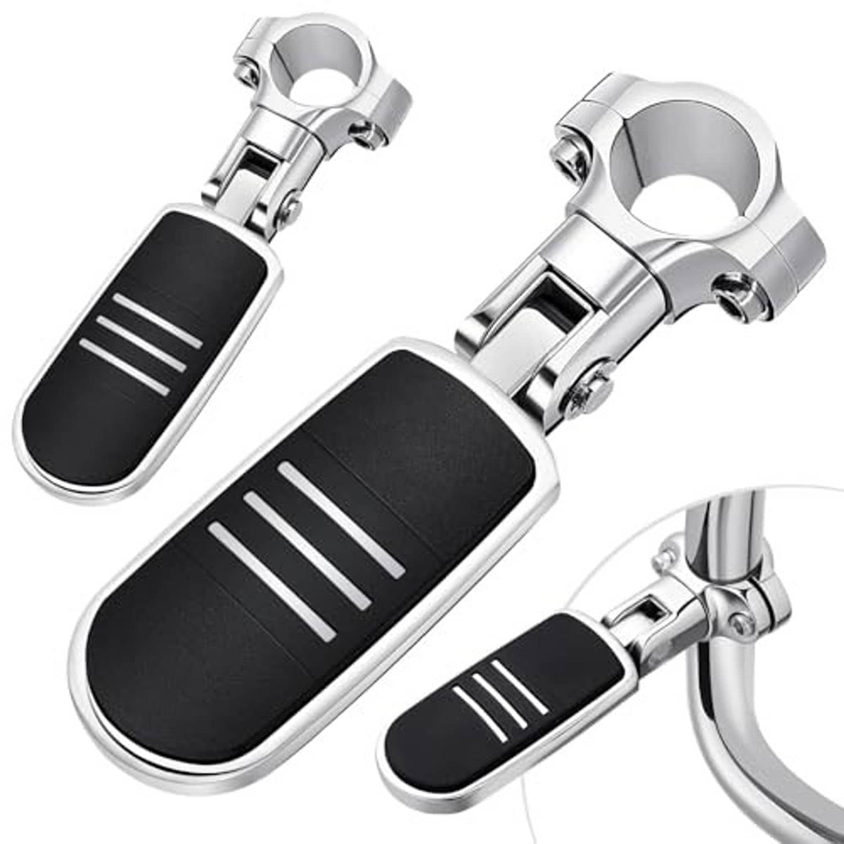 Pair of chrome motorcycle highway pegs with black rubber pads and clamp mounts