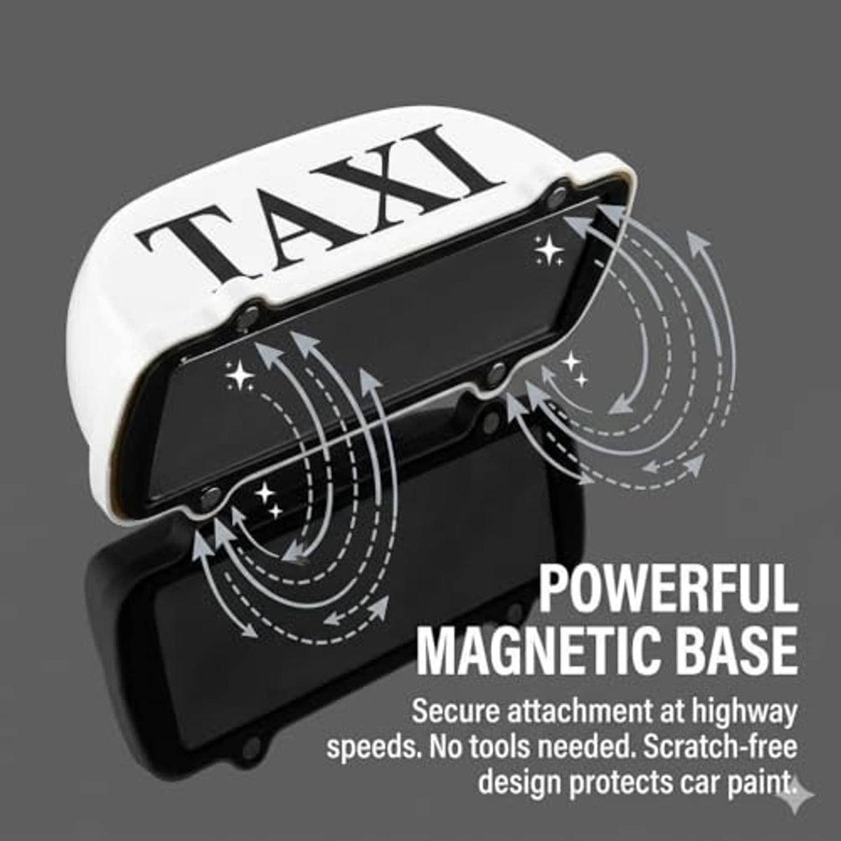Taxi LED roof light showing magnetic base with black underside and motion arrows