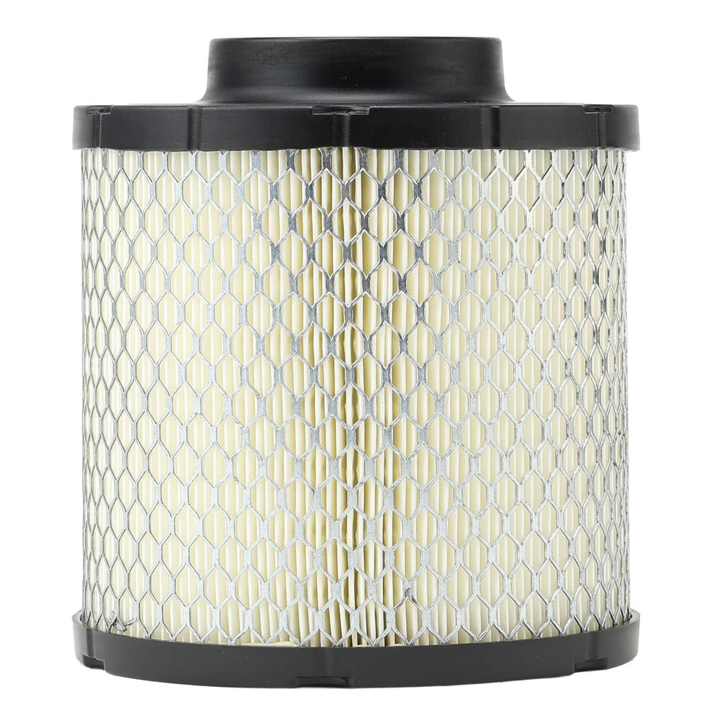 Cylindrical air filter with silver mesh element and black top and base