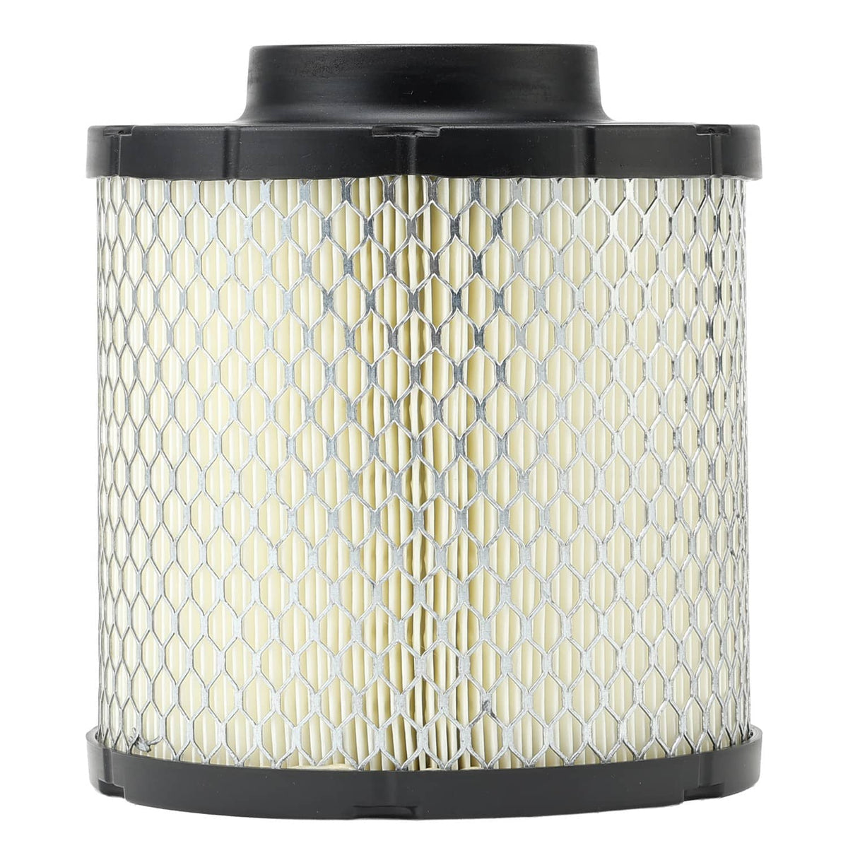 Cylindrical air filter with silver mesh element and black top and base