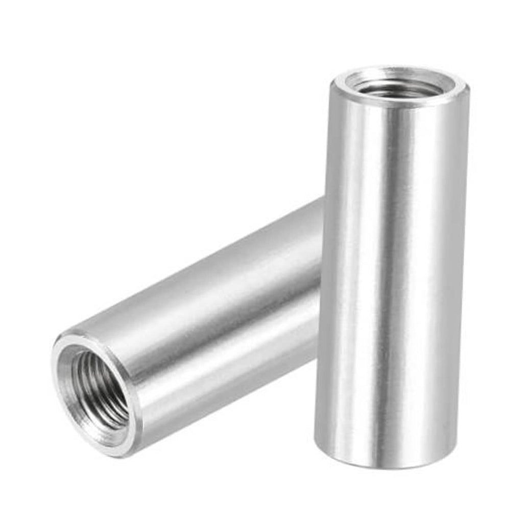 Single stainless steel round connector nut with internal thread and smooth cylindrical body